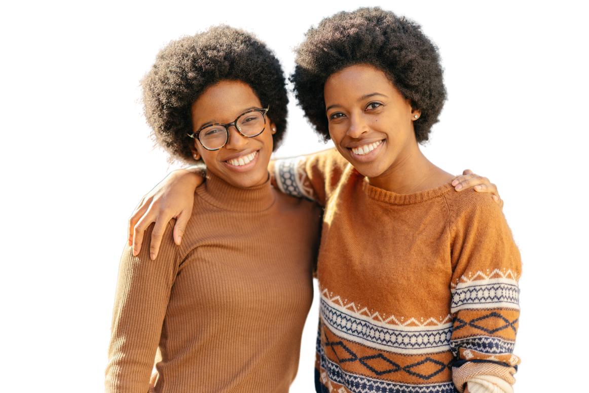Portrait of Black twin sisters in street
