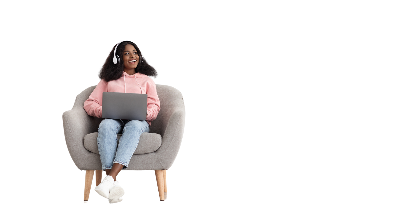 Joyful African American Lady Watching Movie Online, Using Laptop